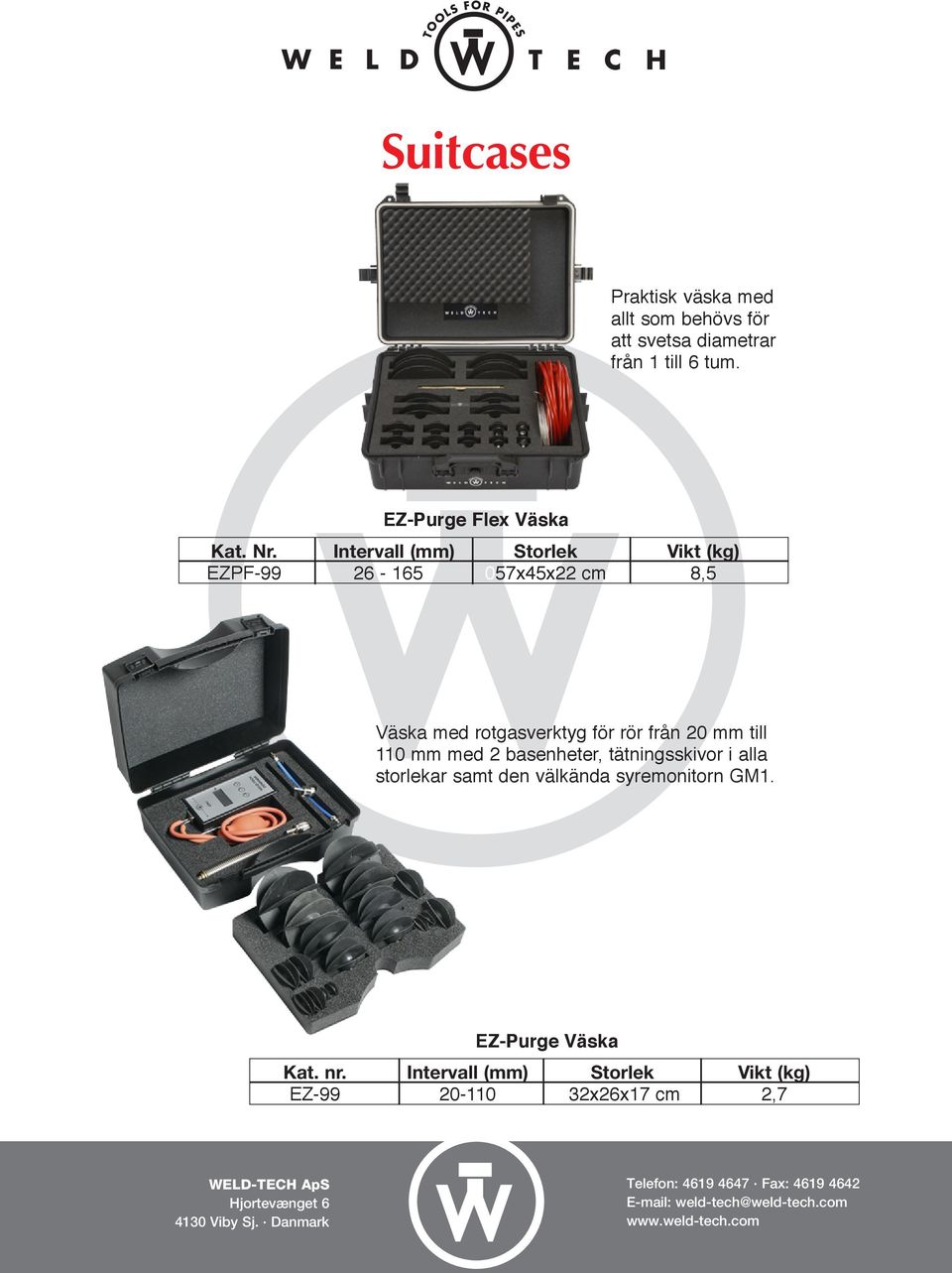 Intervall (mm) Storlek Vikt (kg) EZPF-99 26-165 057x45x22 cm 8,5 Väska med rotgasverktyg för rör från 20 mm