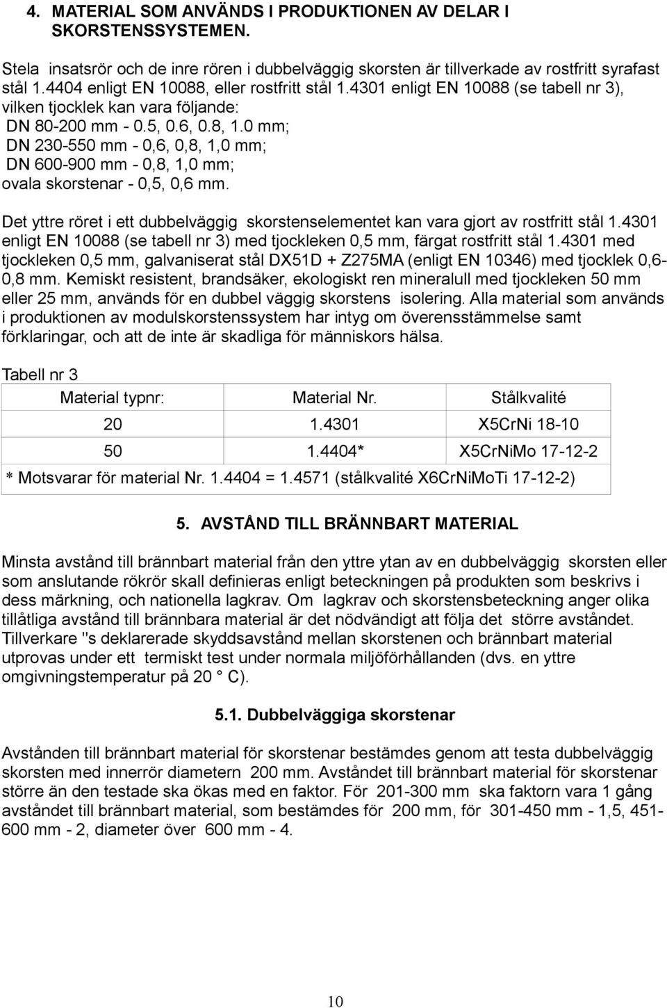 0 mm; DN 230-550 mm - 0,6, 0,8, 1,0 mm; DN 600-900 mm - 0,8, 1,0 mm; ovala skorstenar - 0,5, 0,6 mm. Det yttre röret i ett dubbelväggig skorstenselementet kan vara gjort av rostfritt stål 1.