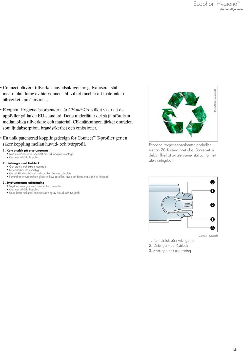 CE-märkningen täcker områden som ljudabsorption, brandsäkerhet och emissioner. En unik patenterad kopplingsdesign för Connect T-profiler ger en säker koppling mellan huvud- och tvärprofil. 1.