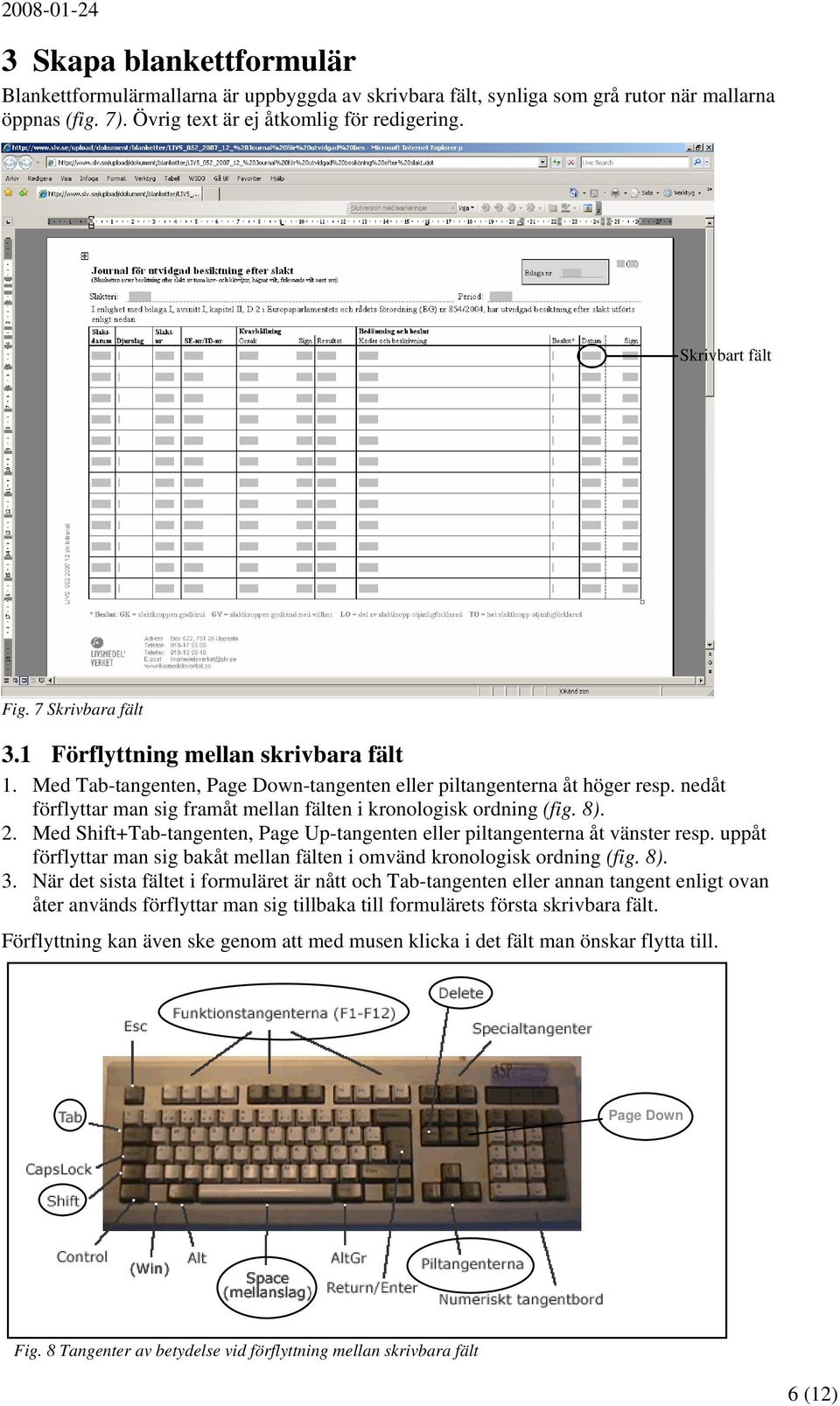 nedåt förflyttar man sig framåt mellan fälten i kronologisk ordning (fig. 8). 2. Med Shift+Tab-tangenten, Page Up-tangenten eller piltangenterna åt vänster resp.