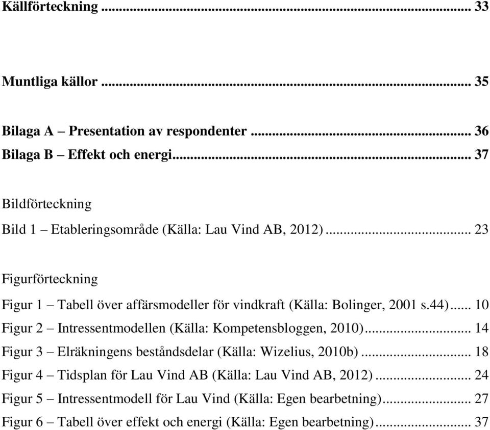 .. 23 Figurförteckning Figur 1 Tabell över affärsmodeller för vindkraft (Källa: Bolinger, 2001 s.44).