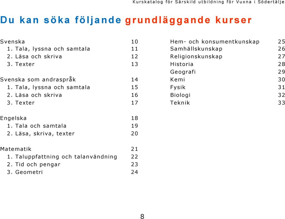 Texter 13 Historia 28 Geografi 29 Svenska som andraspråk 14 Kemi 30 1. Tala, lyssna och samtala 15 Fysik 31 2.