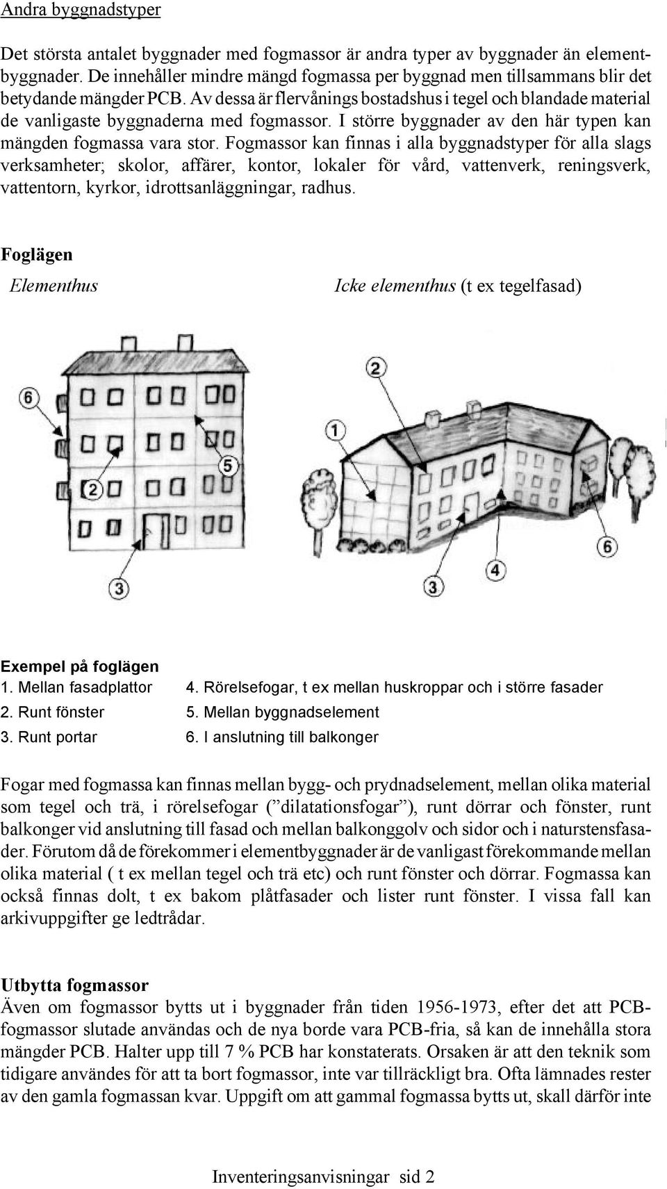 Av dessa är flervånings bostadshus i tegel och blandade material de vanligaste byggnaderna med fogmassor. I större byggnader av den här typen kan mängden fogmassa vara stor.