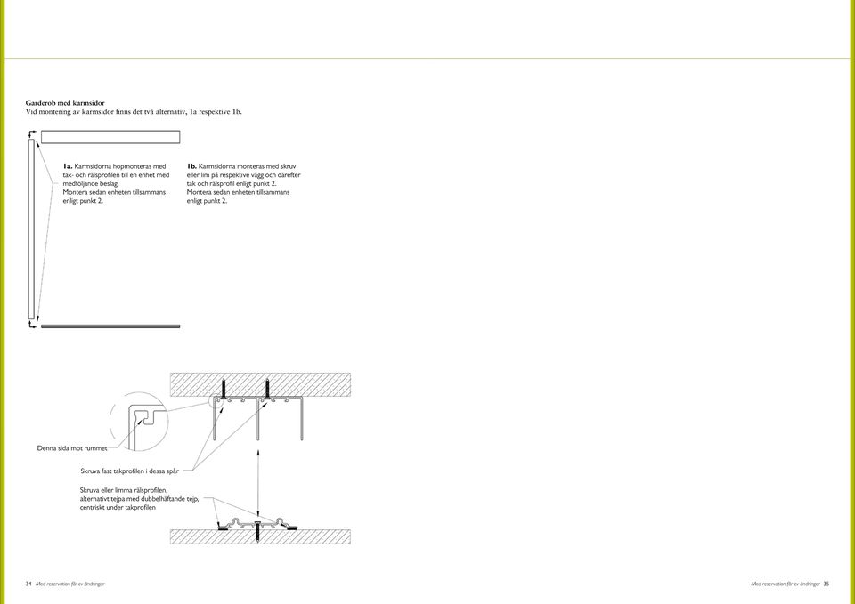 1b. Karmsidorna monteras med skruv eller lim på respektive vägg och därefter tak och rälsprofil enligt punkt 2.