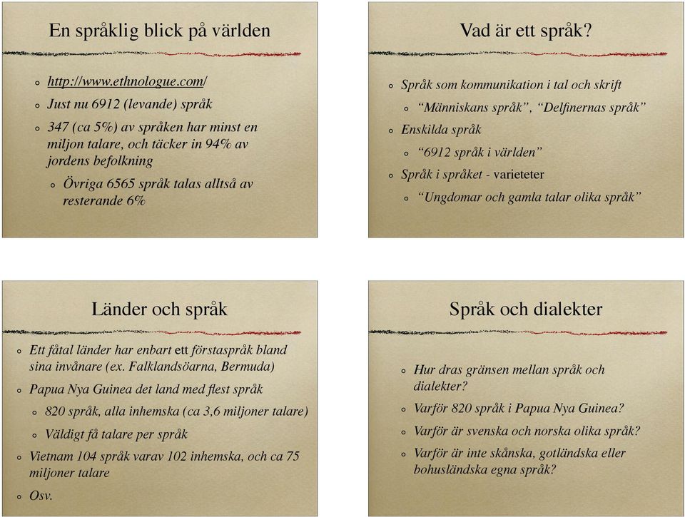 tal och skrift Människans språk, Delfinernas språk Enskilda språk 6912 språk i världen Språk i språket - varieteter Ungdomar och gamla talar olika språk Länder och språk Ett fåtal länder har enbart