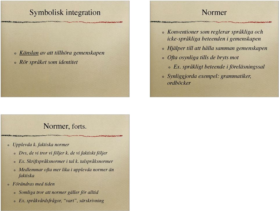 språkligt beteende i föreläsningssal Synliggjorda exempel: grammatiker, ordböcker Normer, forts. Upplevda k. faktiska normer Dvs, de vi tror vi följer k.