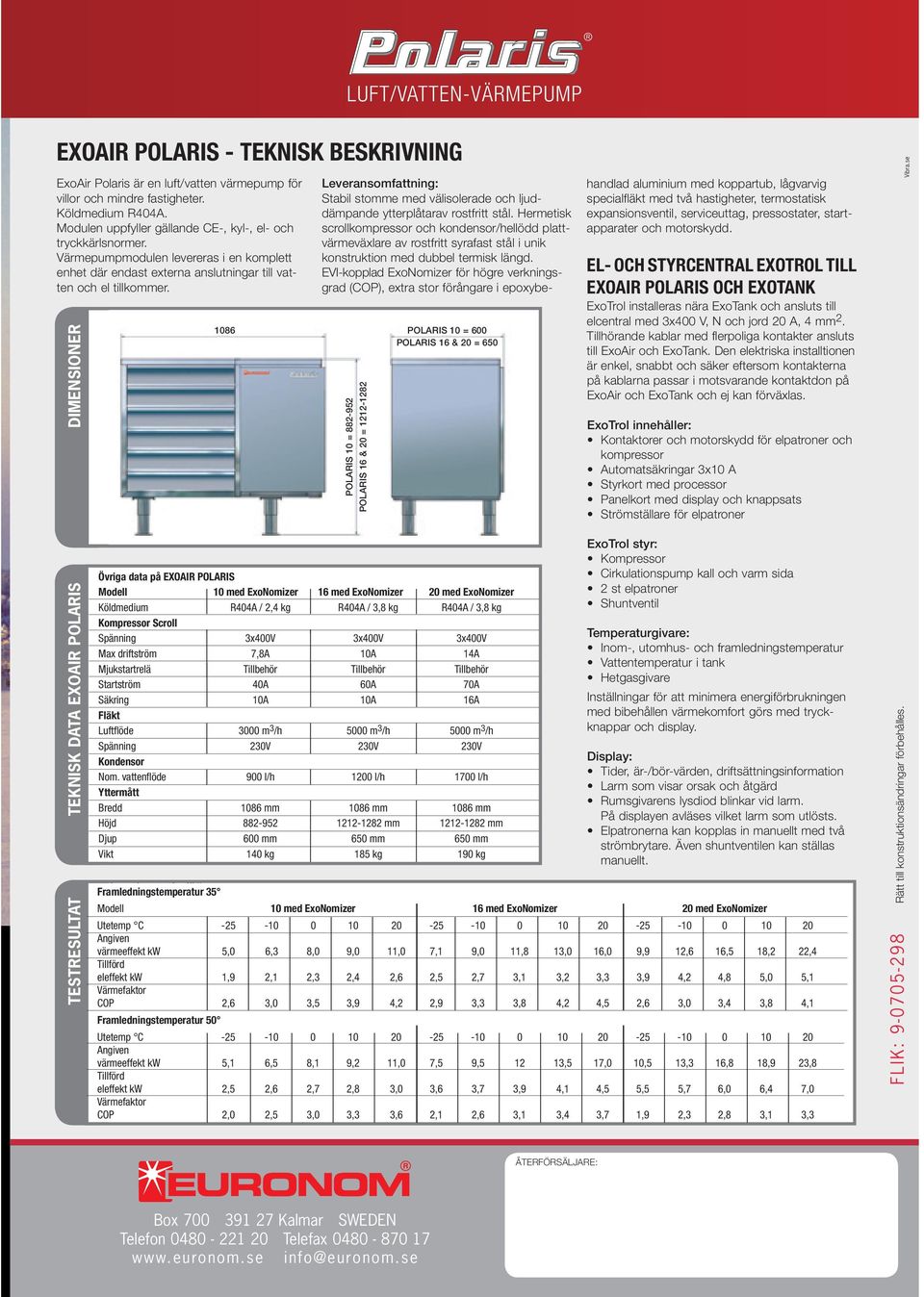 DIMENSIONER TEKNISK DATA EXOAIR POLARIS Framledningstemperatur 35 Framledningstemperatur 35 Modell Modell 10 med Economizer 10 med ExoNomizer 10 med Economizer 16 med ExoNomizer 20 med Economizer 20