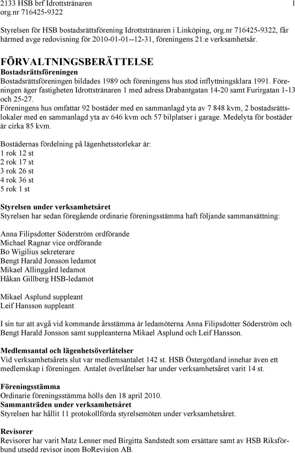 Föreningen äger fastigheten Idrottstränaren 1 med adress Drabantgatan 14-2 samt Furirgatan 1-13 och 25-27.