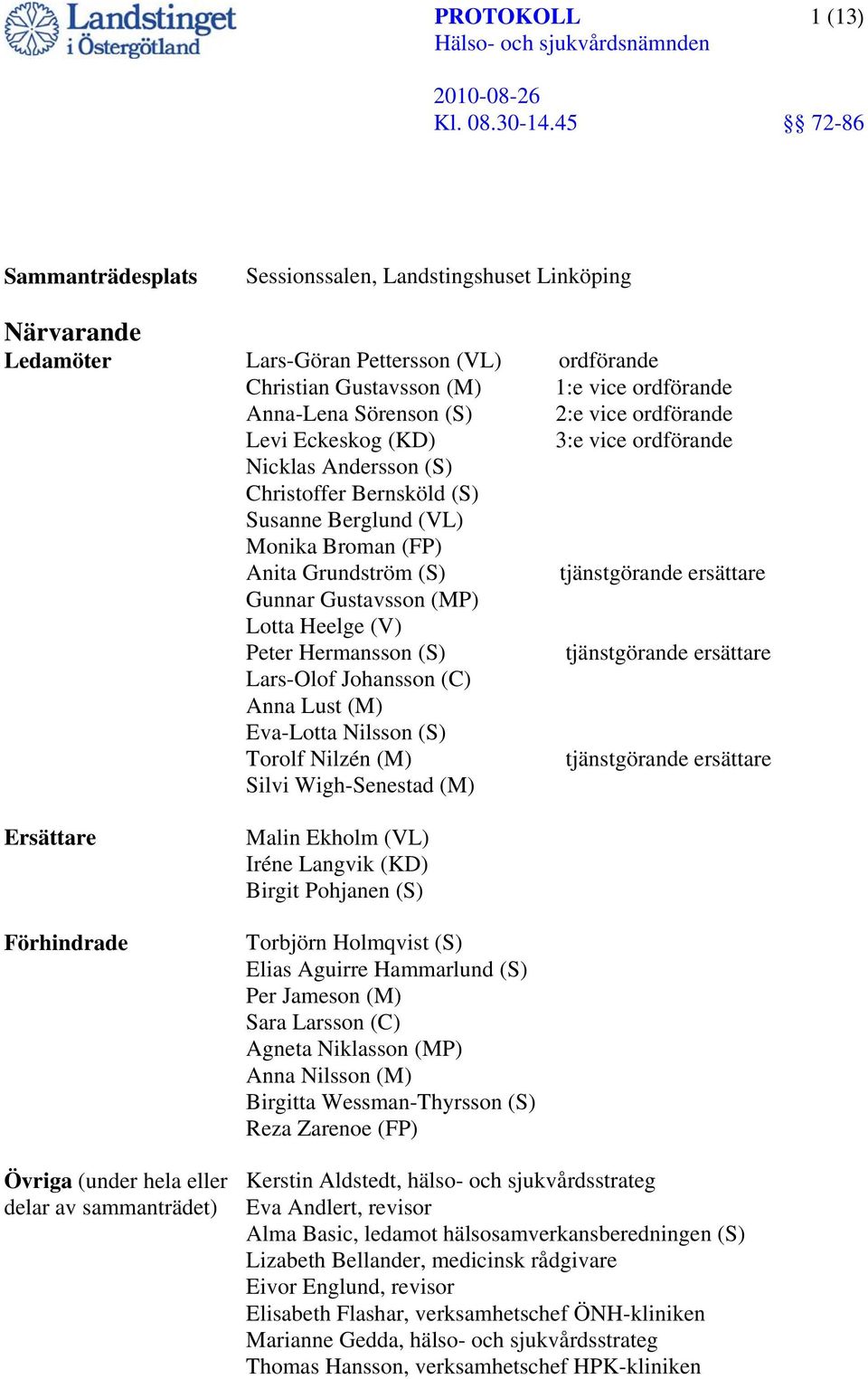 Gustavsson (MP) Lotta Heelge (V) Peter Hermansson (S) tjänstgörande ersättare Lars-Olof Johansson (C) Anna Lust (M) Eva-Lotta Nilsson (S) Torolf Nilzén (M) tjänstgörande ersättare Silvi Wigh-Senestad