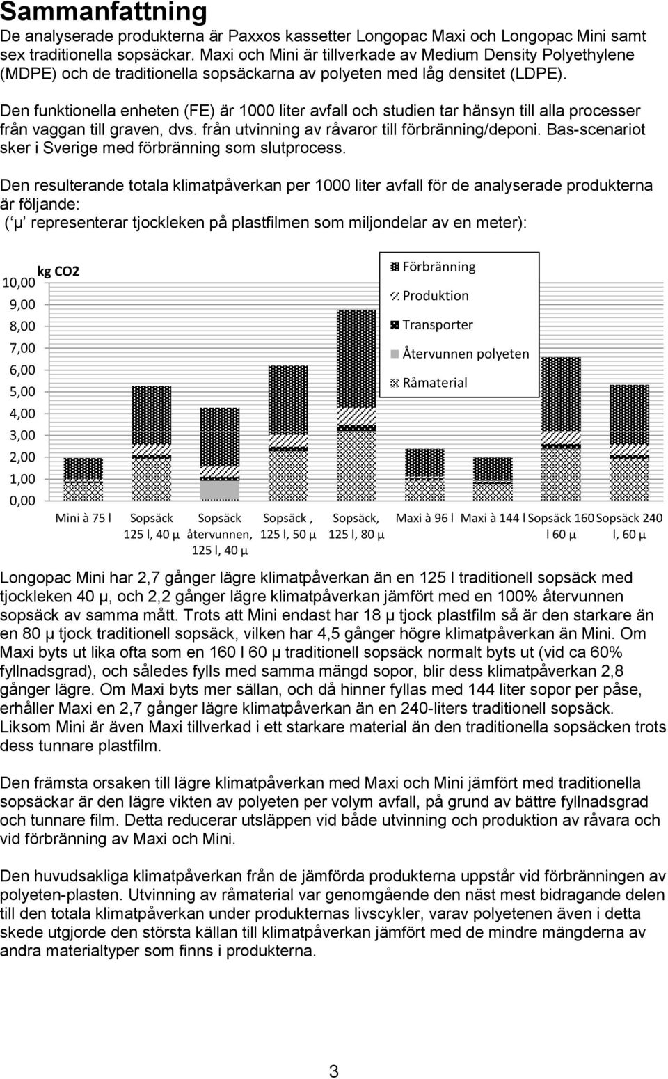 Den funktionella enheten (FE) är 1000 liter avfall och studien tar hänsyn till alla processer från vaggan till graven, dvs. från utvinning av råvaror till förbränning/deponi.