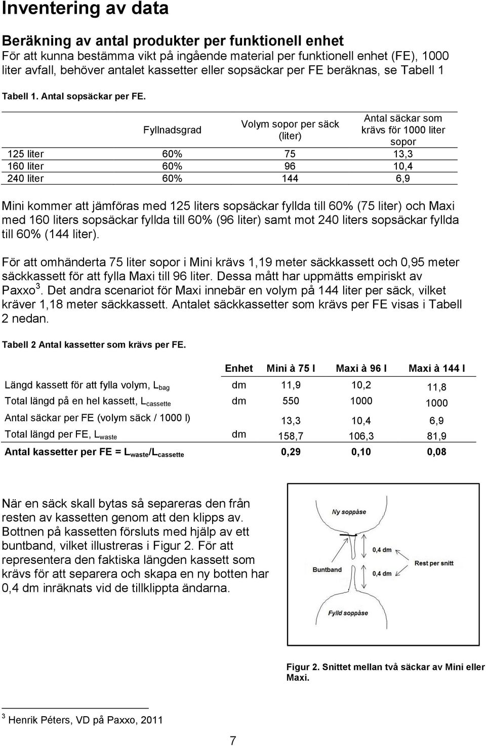 Fyllnadsgrad Volym sopor per säck (liter) Antal säckar som krävs för 1000 liter sopor 125 liter 60% 75 13,3 160 liter 60% 96 10,4 240 liter 60% 144 6,9 Mini kommer att jämföras med 125 liters