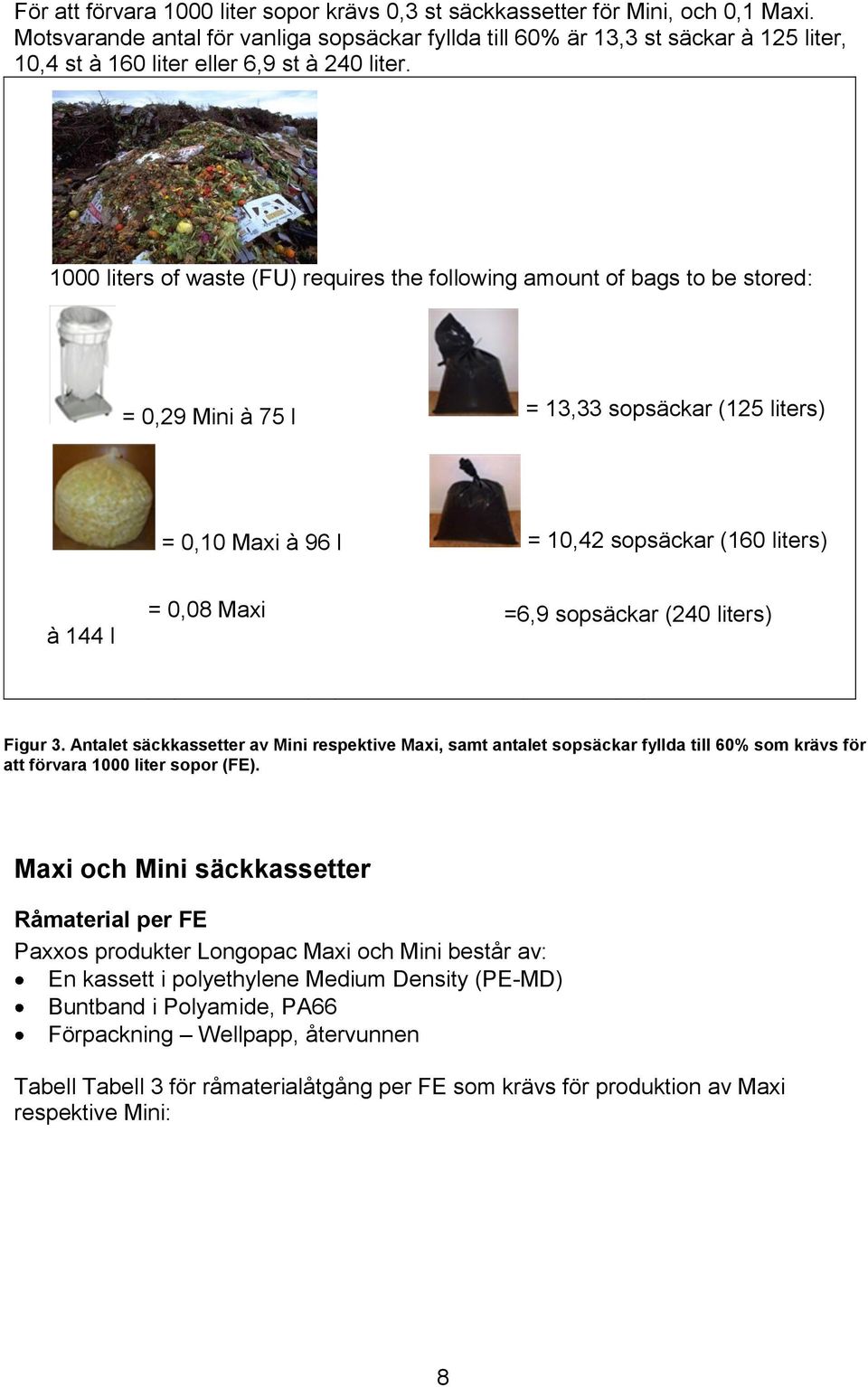 1000 liters of waste (FU) requires the following amount of bags to be stored: = 0,29 Mini à 75 l = 13,33 sopsäckar (125 liters) = 0,10 Maxi à 96 l = 10,42 sopsäckar (160 liters) à 144 l = 0,08 Maxi