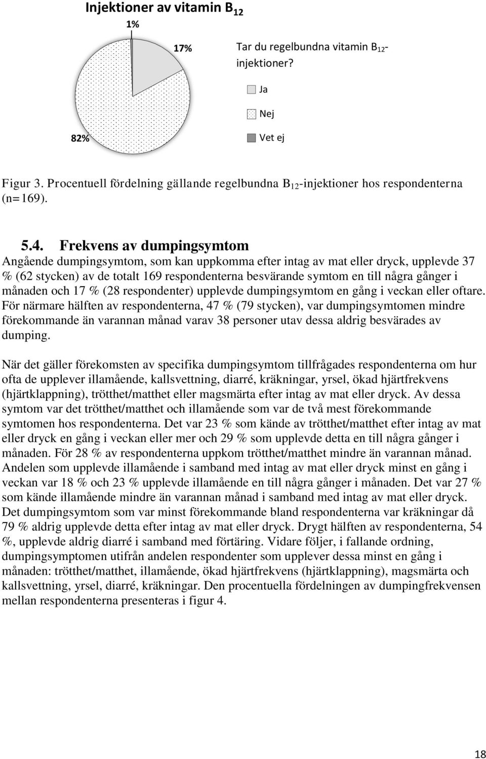 Frekvens av dumpingsymtom Angående dumpingsymtom, som kan uppkomma efter intag av mat eller dryck, upplevde 37 % (62 stycken) av de totalt 169 respondenterna besvärande symtom en till några gånger i