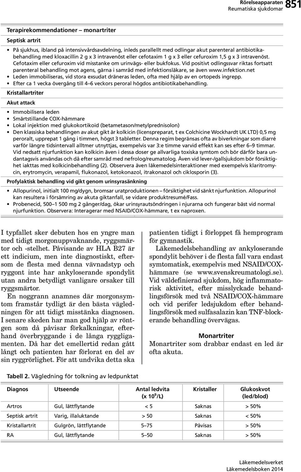 Vid positivt odlingssvar riktas fortsatt parenteral behandling mot agens, gärna i samråd med infektionsläkare, se även www.infektion.net Leden immobiliseras, vid stora exsudat dräneras leden, ofta med hjälp av en ortopeds ingrepp.