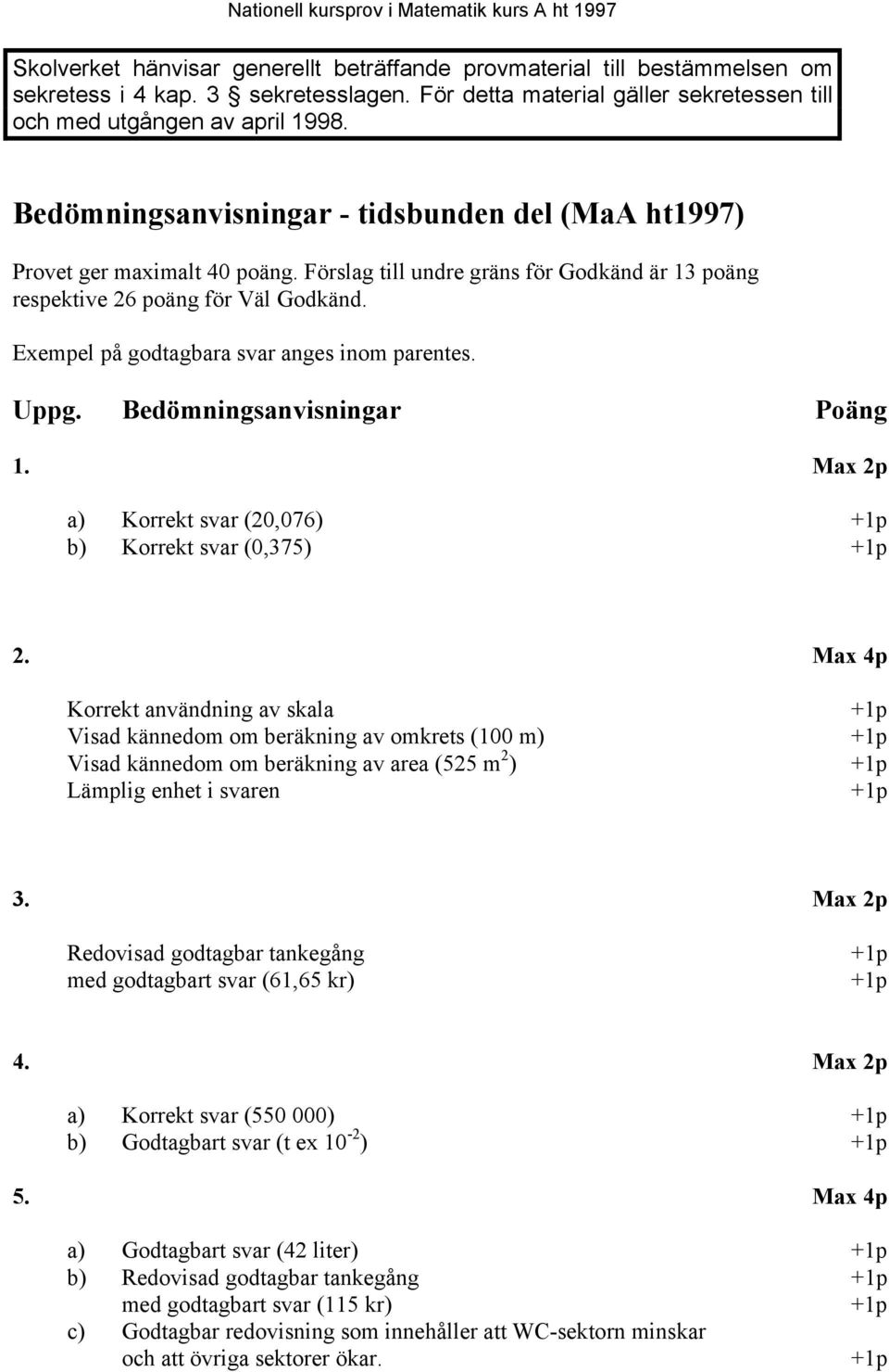 Exempel på godtagbara svar anges inom parentes. Uppg. Bedömningsanvisningar Poäng 1. Max 2p a) Korrekt svar (20,076) +1p b) Korrekt svar (0,375) +1p 2.