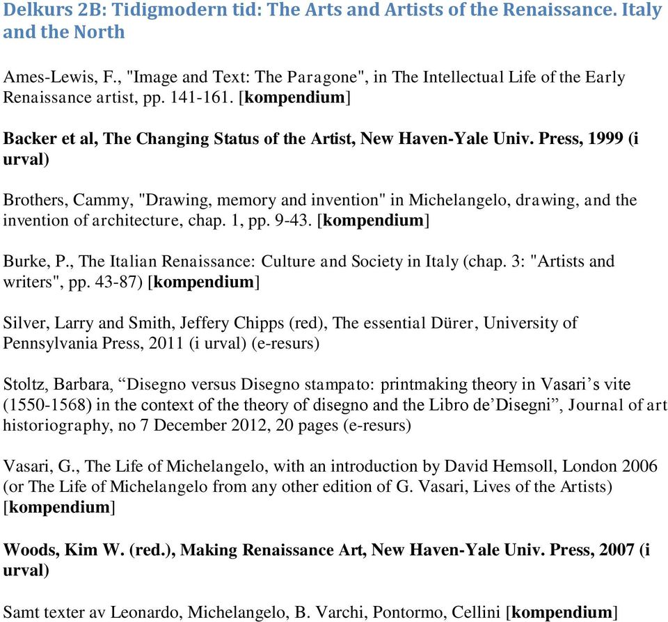 Press, 1999 (i urval) Brothers, Cammy, "Drawing, memory and invention" in Michelangelo, drawing, and the invention of architecture, chap. 1, pp. 9-43. [kompendium] Burke, P.