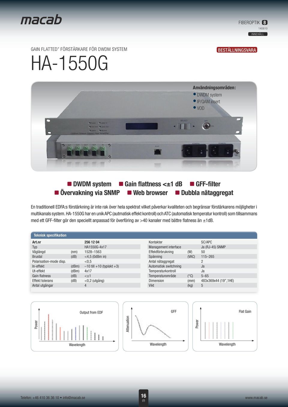 HA-1550G har en unik APC (autmatisk effekt kontroll) och ATC (automatisk temperatur kontroll) som tillsammans med ett GFF-filter gör den speciellt anpassad för överföring av >40 kanaler med bättre