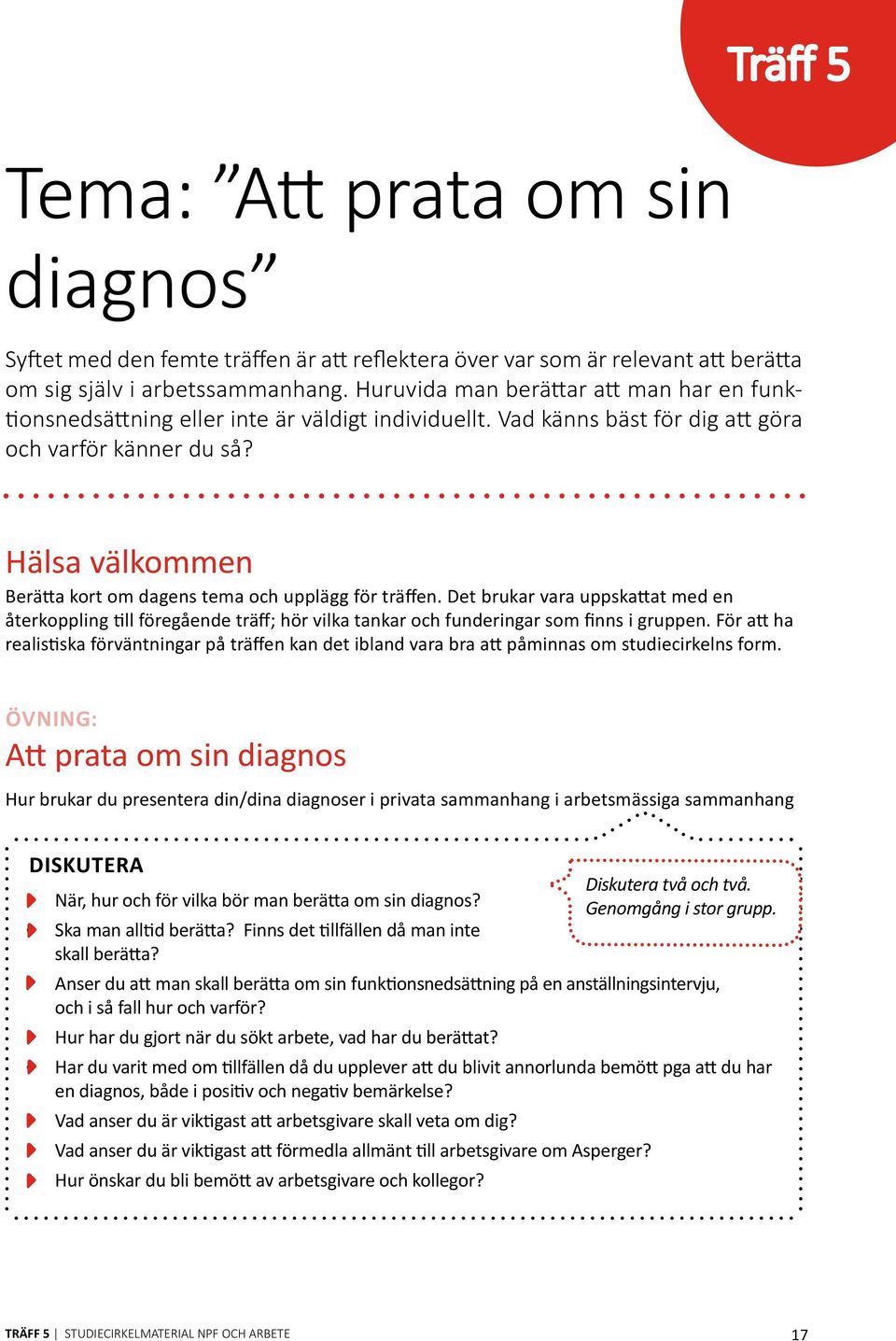 Hälsa välkmmen Berätta krt m dagens tema ch upplägg för träffen. Det brukar vara uppskattat med en återkppling till föregående träff; hör vilka tankar ch funderingar sm finns i gruppen.