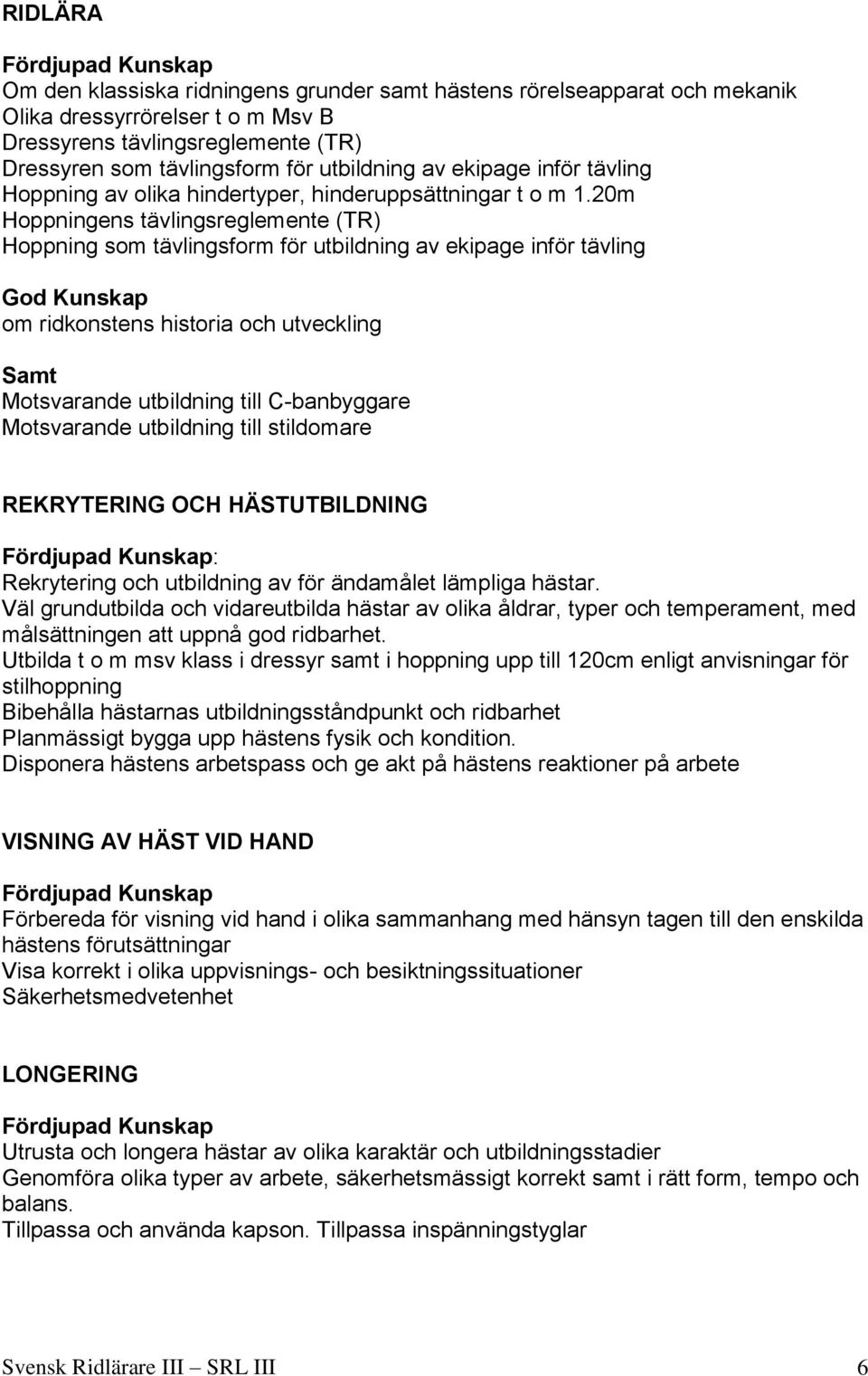 20m Hoppningens tävlingsreglemente (TR) Hoppning som tävlingsform för utbildning av ekipage inför tävling om ridkonstens historia och utveckling Samt Motsvarande utbildning till C-banbyggare