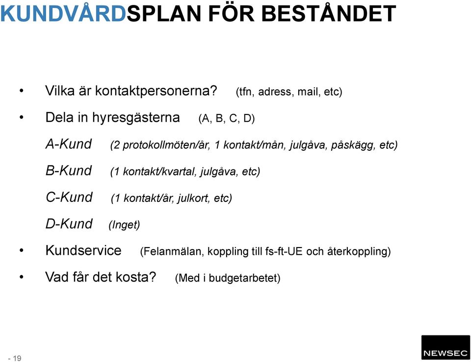 kontakt/mån, julgåva, påskägg, etc) B-Kund (1 kontakt/kvartal, julgåva, etc) C-Kund (1