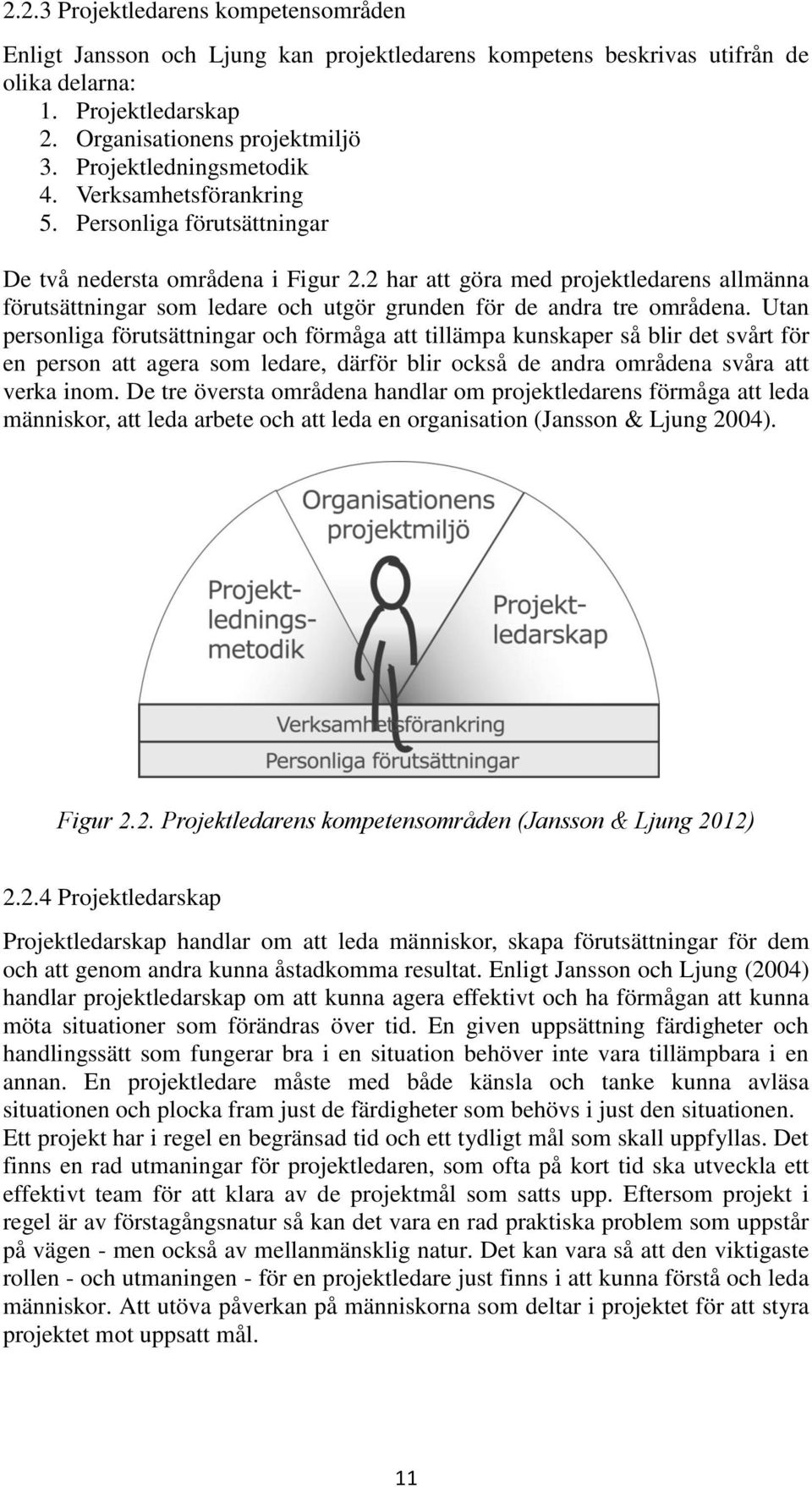 2 har att göra med projektledarens allmänna förutsättningar som ledare och utgör grunden för de andra tre områdena.