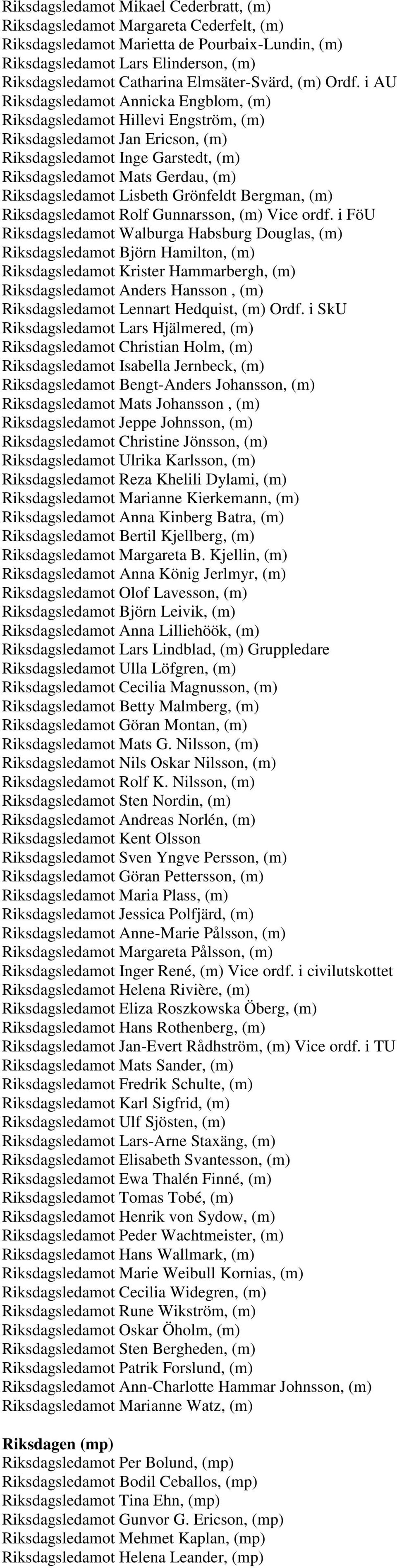 i AU Riksdagsledamot Annicka Engblom, (m) Riksdagsledamot Hillevi Engström, (m) Riksdagsledamot Jan Ericson, (m) Riksdagsledamot Inge Garstedt, (m) Riksdagsledamot Mats Gerdau, (m) Riksdagsledamot