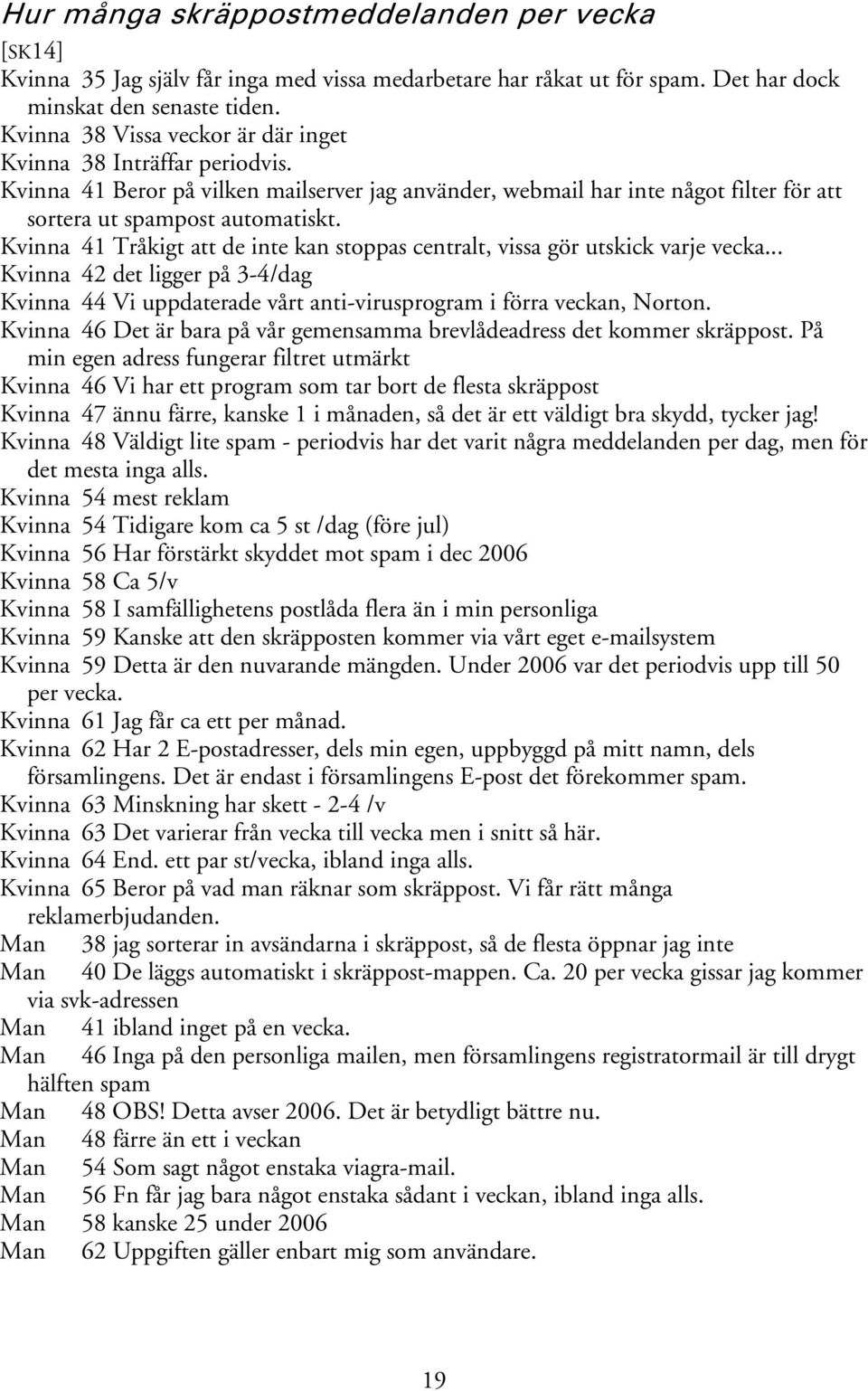 Kvinna 41 Tråkigt att de inte kan stoppas centralt, vissa gör utskick varje vecka... Kvinna 42 det ligger på 3-4/dag Kvinna 44 Vi uppdaterade vårt anti-virusprogram i förra veckan, Norton.