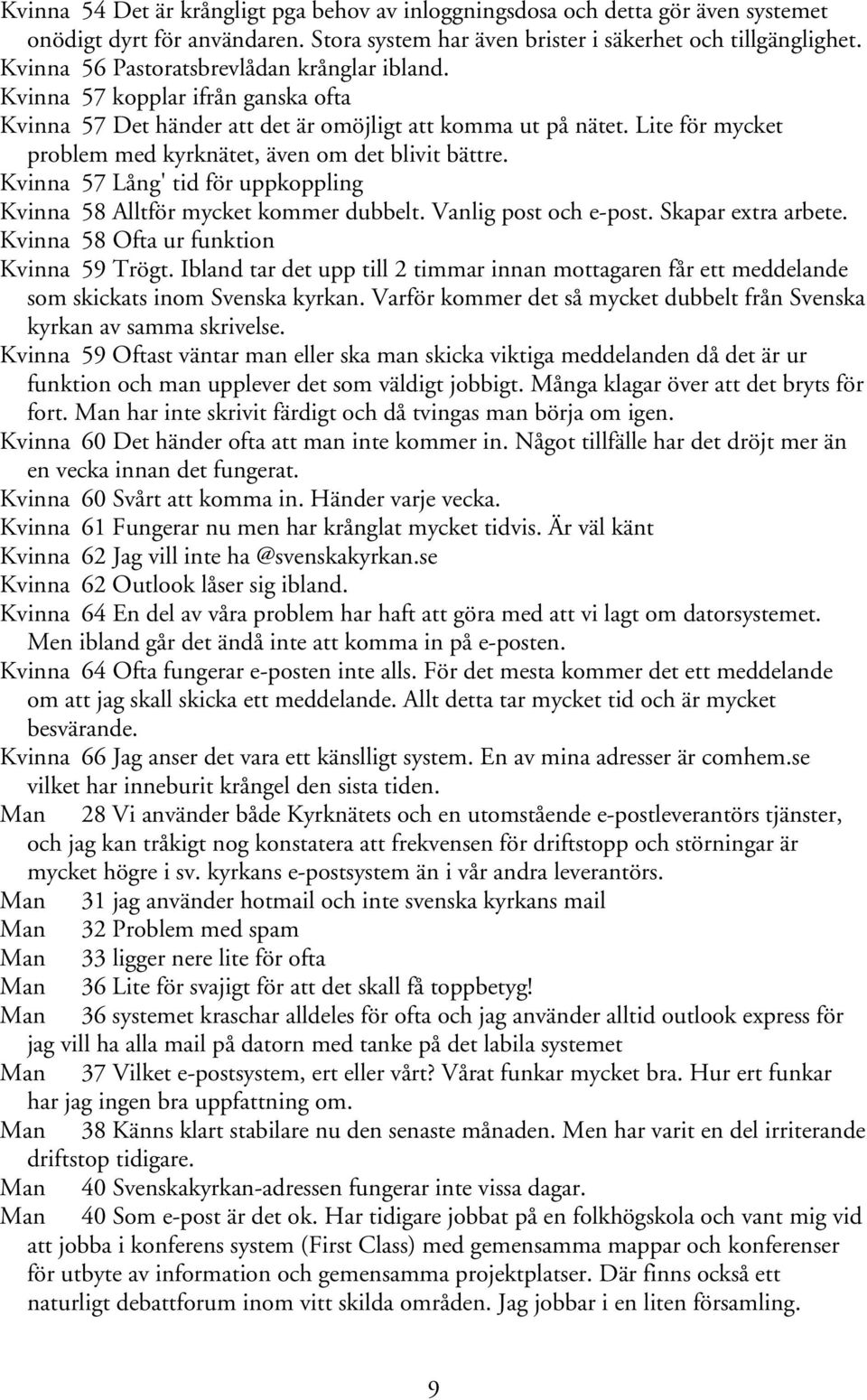 Lite för mycket problem med kyrknätet, även om det blivit bättre. Kvinna 57 Lång' tid för uppkoppling Kvinna 58 Alltför mycket kommer dubbelt. Vanlig post och e-post. Skapar extra arbete.