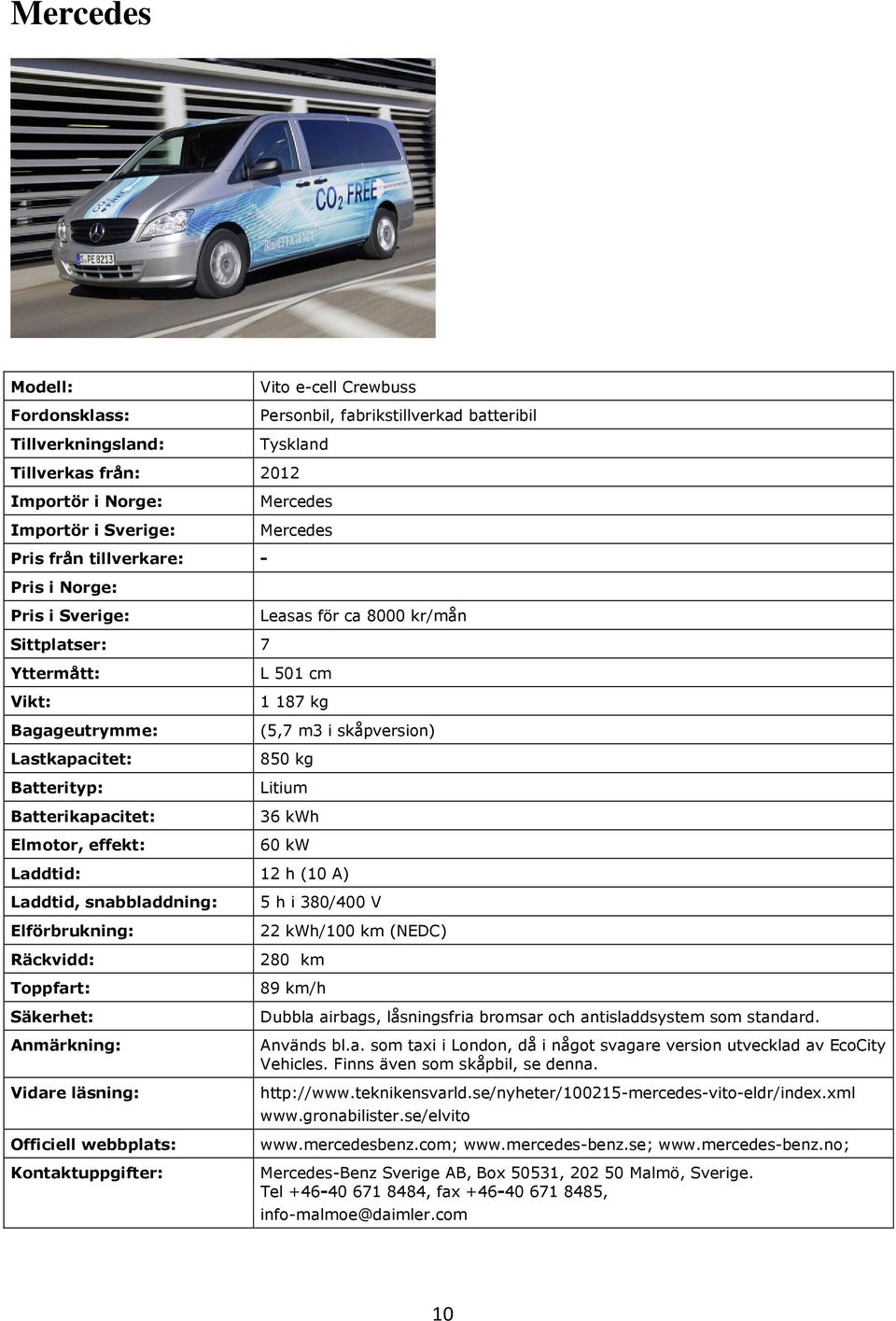 (NEDC) 280 km 89 km/h Dubbla airbags, låsningsfria bromsar och antisladdsystem som standard. Används bl.a. som taxi i London, då i något svagare version utvecklad av EcoCity Vehicles.