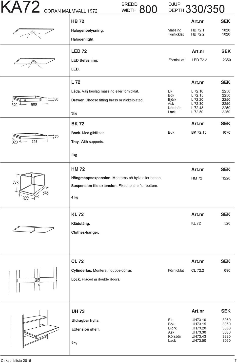 50 2250 BK 72 Back. Med glidlister. Bok BK 72.15 1670 725 Tray. With supports. 2kg HM 72 Hängmappsexpansion. Monteras på hylla eller botten. HM 72 1220 Suspension file extension.