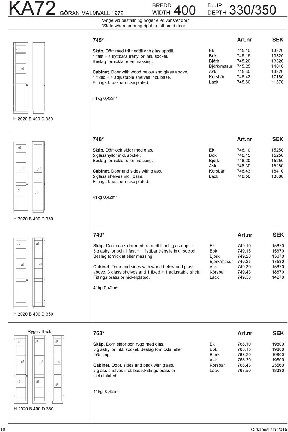 1 fi xed + 4 adjustable shelves incl. base. Fittings brass or nickelplated. Ek 745.10 13320 Bok 745.15 13320 Björk 745.20 13320 Björk/masur 745.25 14040 Ask 745.30 13320 Körsbär 745.43 17180 Lack 745.