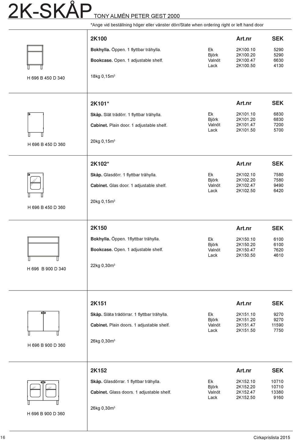 1 adjustable shelf. Ek 2K101.10 6830 Björk 2K101.20 6830 Valnöt 2K101.47 7200 Lack 2K101.50 5700 H 696 B 450 D 360 20kg 0,15m 3 2K102* Skåp. Glasdörr. 1 fl yttbar trähylla. Cabinet. Glas door.