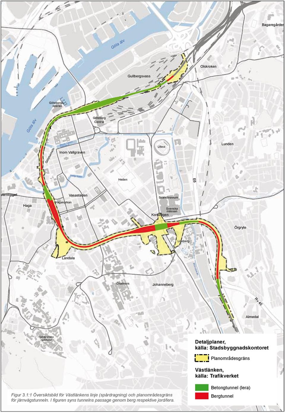 40 Almedal Sahlgrenska sjukhuset Detaljplaner, källa: Stadsbyggnadskontoret Planområdesgräns Västlänken, källa: Trafikverket Betongtunnel (lera) Figur 3.