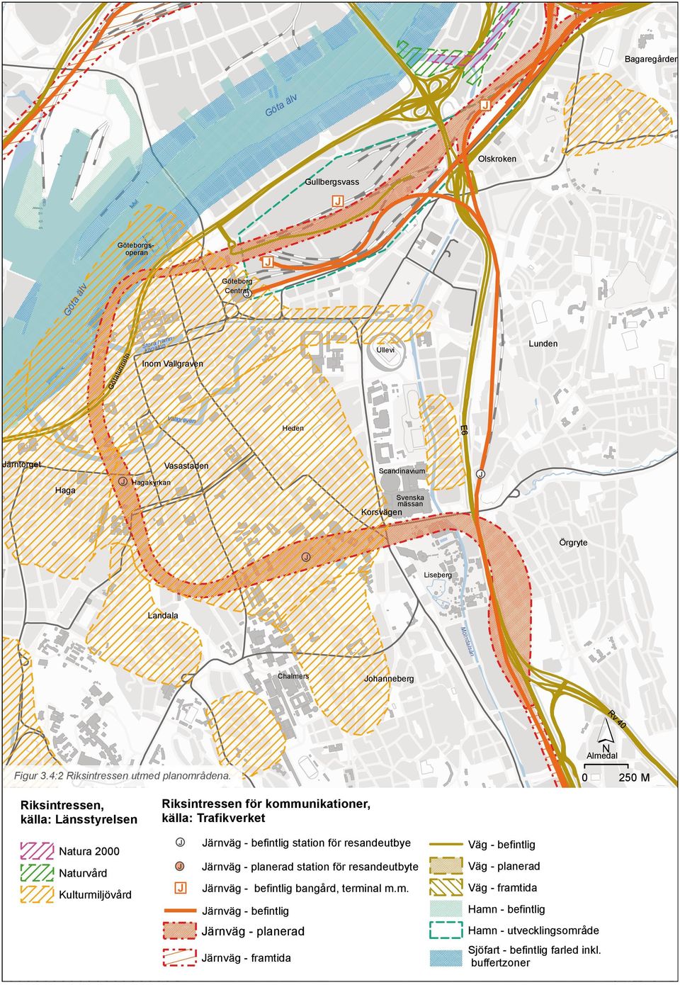 0 250 M Sahlgrenska Riksintressen, sjukhuset källa: Länsstyrelsen Riksintressen för kommunikationer, källa: Trafikverket Natura 2000 Naturvård Kulturmiljövård Ј Ј Ј Järnväg - befintlig station för