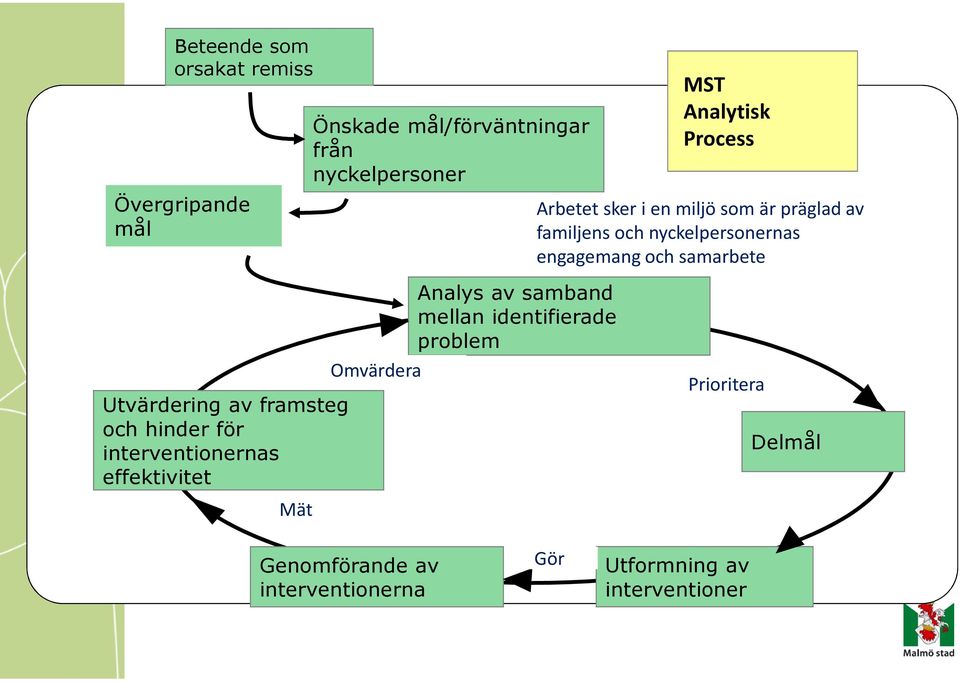 Utvärdering av framsteg och hinder för interventionernas effektivitet Mät Omvärdera Analys av samband