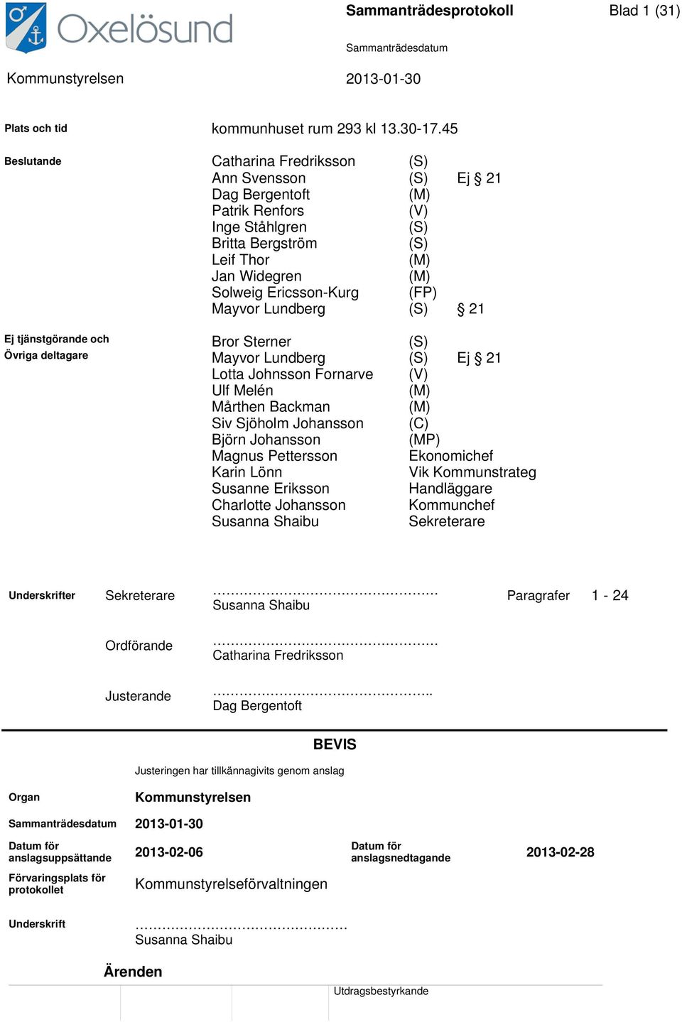 Mayvor Lundberg (S) 21 Ej tjänstgörande och Bror Sterner (S) Övriga deltagare Mayvor Lundberg (S) Ej 21 Lotta Johnsson Fornarve (V) Ulf Melén (M) Mårthen Backman (M) Siv Sjöholm Johansson (C) Björn