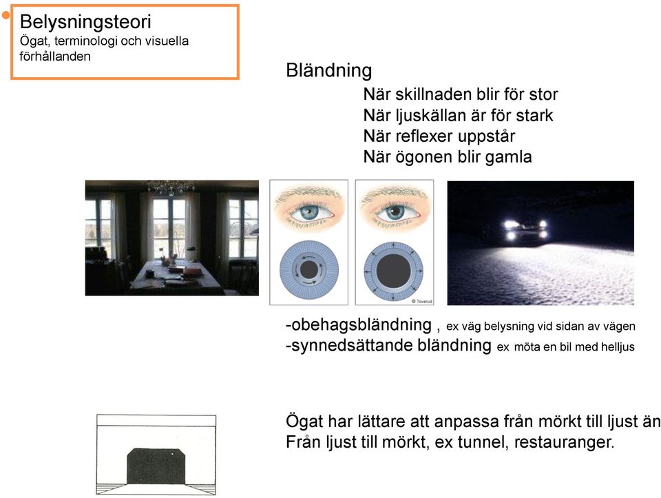 vägen -synnedsättande bländning ex möta en bil med helljus Ögat har lättare att