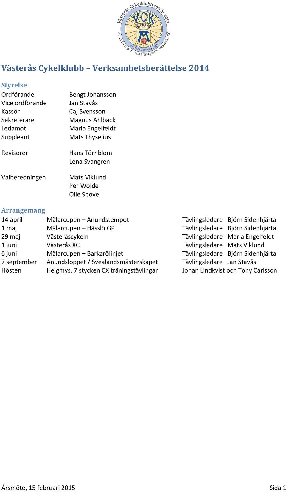 Hässlö GP Tävlingsledare Björn Sidenhjärta 29 maj Västeråscykeln Tävlingsledare Maria Engelfeldt 1 juni Västerås XC Tävlingsledare Mats Viklund 6 juni Mälarcupen Barkarölinjet Tävlingsledare Björn