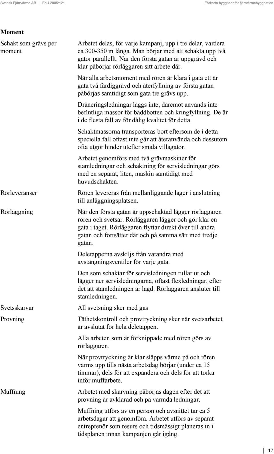 När alla arbetsmoment med rören är klara i gata ett är gata två färdiggrävd och återfyllning av första gatan påbörjas samtidigt som gata tre grävs upp.