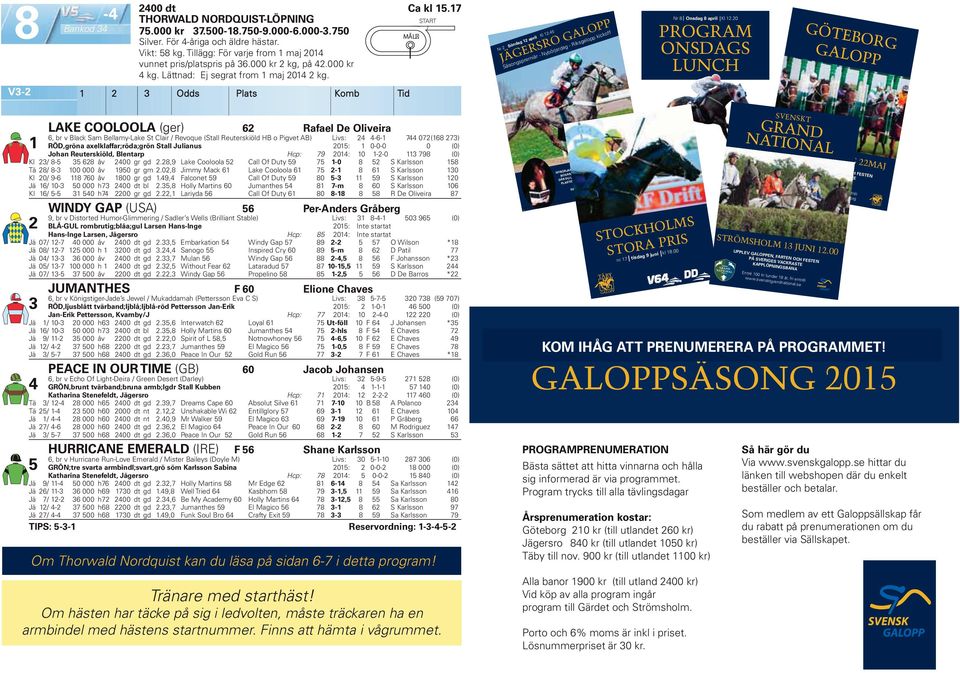 0 PROGRAM ONSDAGS LUNCH GÖTEBORG GALOPP V- LAKE COOLOOLA (ger) Rafael De Oliveira, br v Black Sam Bellamy-Lake St Clair Revoque (Stall Reuterskiöld HB o Pigvet AB) Livs: -- 0 (8 ) RÖD,gröna