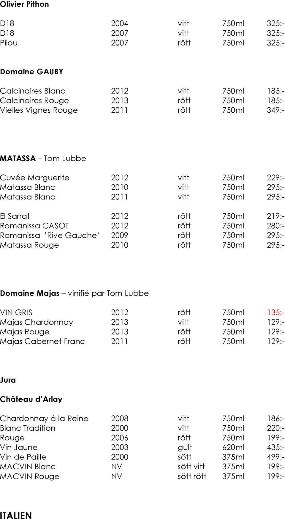 Romanissa CASOT 2012 rött 750ml 280:- Romanissa Rive Gauche 2009 rött 750ml 295:- Matassa Rouge 2010 rött 750ml 295:- Domaine Majas vinifié par Tom Lubbe VIN GRIS 2012 rött 750ml 135:- Majas