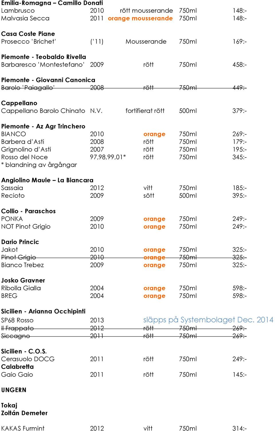 fortifierat rött 500ml 379:- Piemonte - Az Agr Trinchero BIANCO 2010 orange 750ml 269:- Barbera d Asti 2008 rött 750ml 179:- Grignolino d Asti 2007 rött 750ml 195:- Rosso del Noce 97,98,99,01* rött