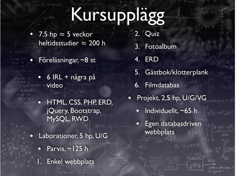Parvis, ~125 h 1. Enkel webbplats 2. Quiz 3. Fotoalbum 4. ERD 5.