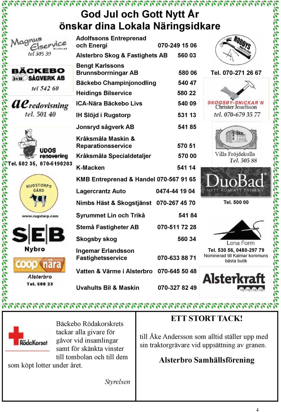 Kråksmåla Specialdetaljer 570 00 K-Macken 541 14 KMB Entreprenad & Handel 070-567 91 65 Lagercrantz Auto 0474-44 19 04 Nimbs Häst & Skogstjänst 070-267 45 70 Tel.