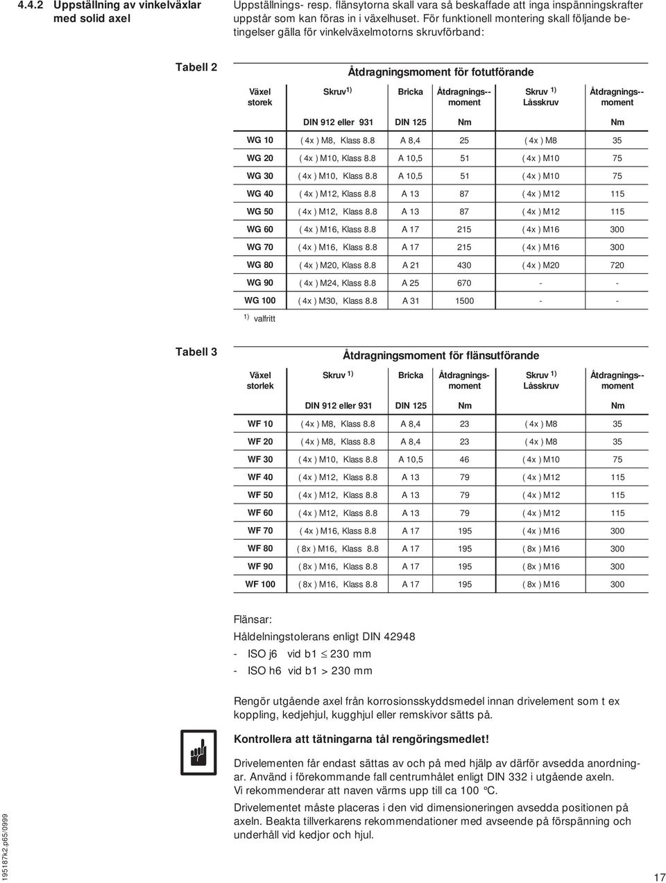 Låsskruv Åtdragnings-- moment DIN 91 eller 91 DIN 15 Nm Nm WG 10 ( 4x ) M8, Klass 8. 8 A 8, 4 5 ( 4x ) M8 5 WG 0 ( 4x ) M10, Klass 8. 8 A 10, 5 51 ( 4x ) M10 5 WG 0 ( 4x ) M10, Klass 8.