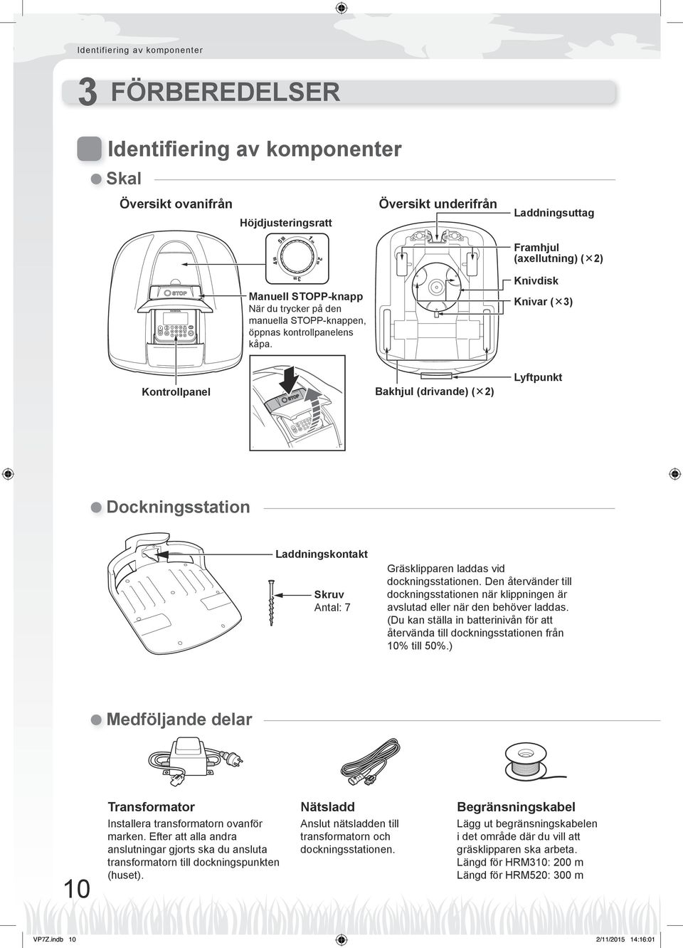 Knivdisk Knivar (Ï3) Kontrollpanel Bakhjul (drivande) (Ï) Lyftpunkt Dockningsstation Laddningskontakt Skruv Antal: 7 Gräsklipparen laddas vid dockningsstationen.