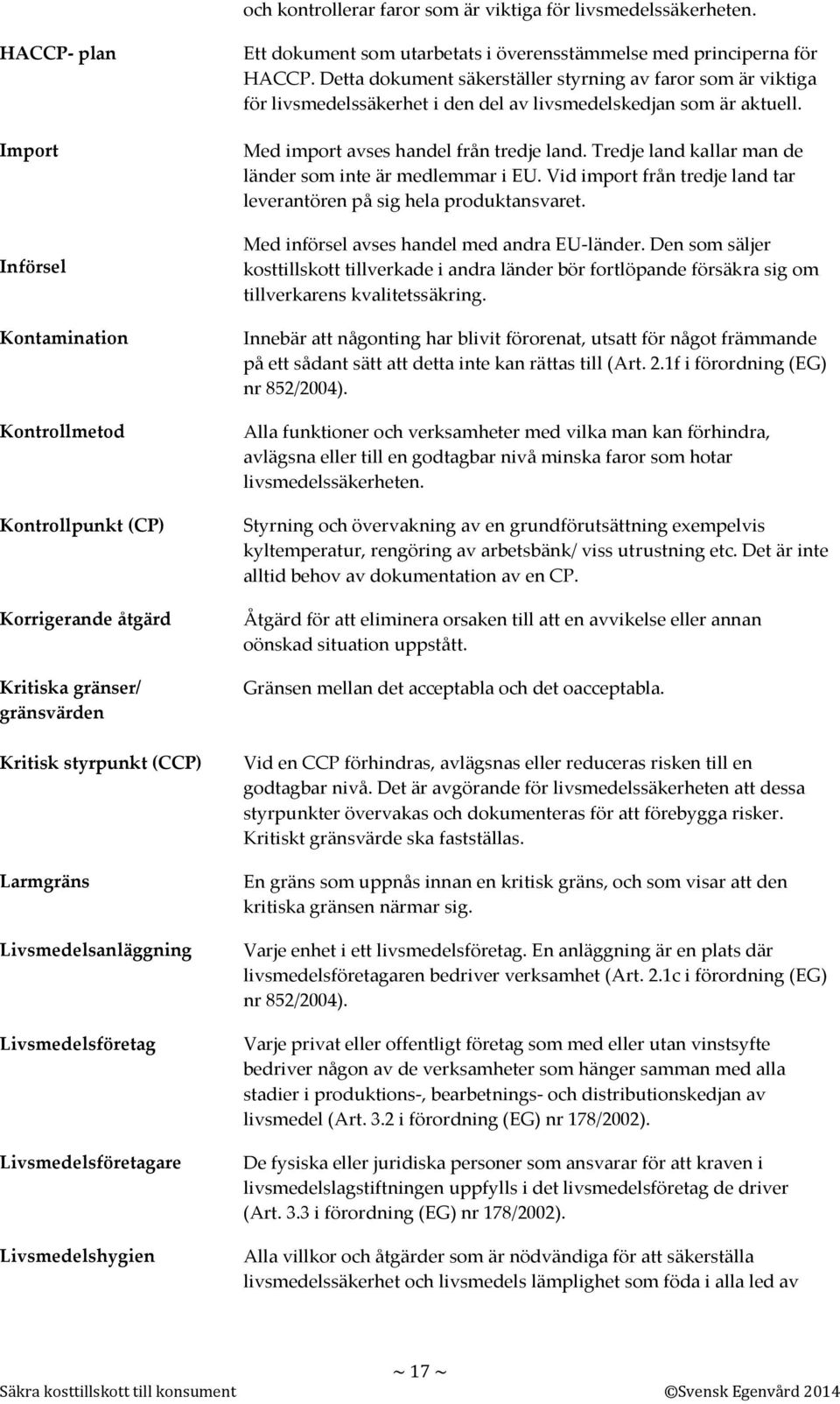 Livsmedelsföretagare Livsmedelshygien Ett dokument som utarbetats i överensstämmelse med principerna för HACCP.