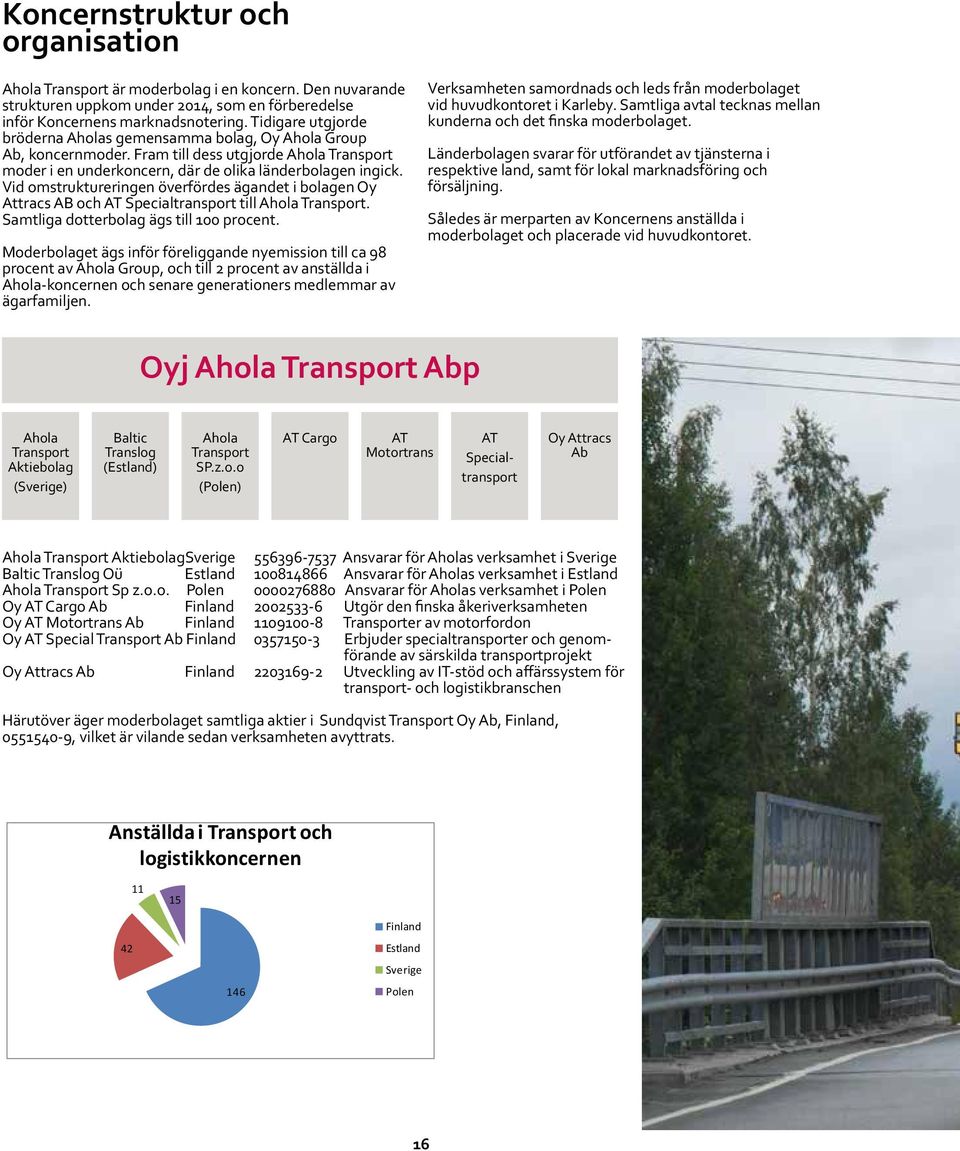 Vid omstruktureringen överfördes ägandet i bolagen Oy Attracs AB och AT Specialtransport till Ahola Transport. Samtliga dotterbolag ägs till 100 procent.