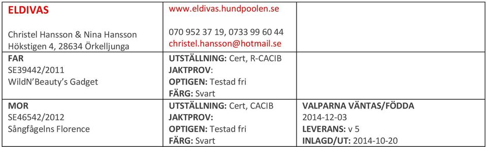 eldivas.hundpoolen.se 070 952 37 19, 0733 99 60 44 christel.hansson@hotmail.