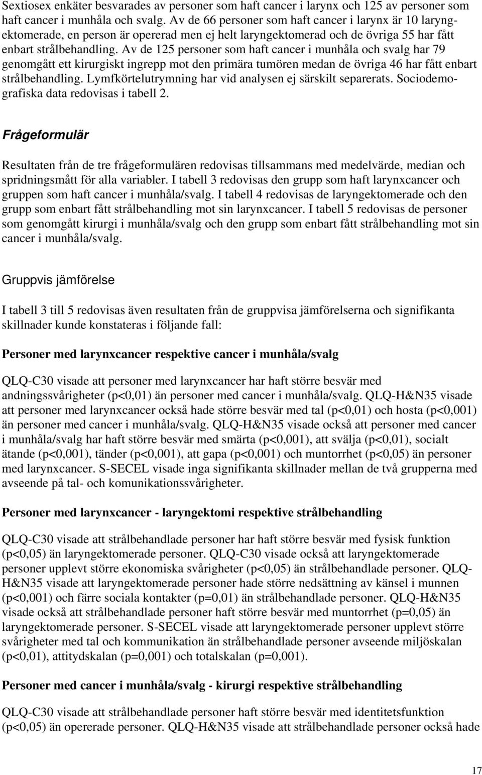 Av de 125 personer som haft cancer i munhåla och svalg har 79 genomgått ett kirurgiskt ingrepp mot den primära tumören medan de övriga 46 har fått enbart strålbehandling.